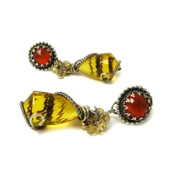 Luxury silver wire wrapped earrings with citrine , carnelian , gold pyrites , wirework , metalwork
