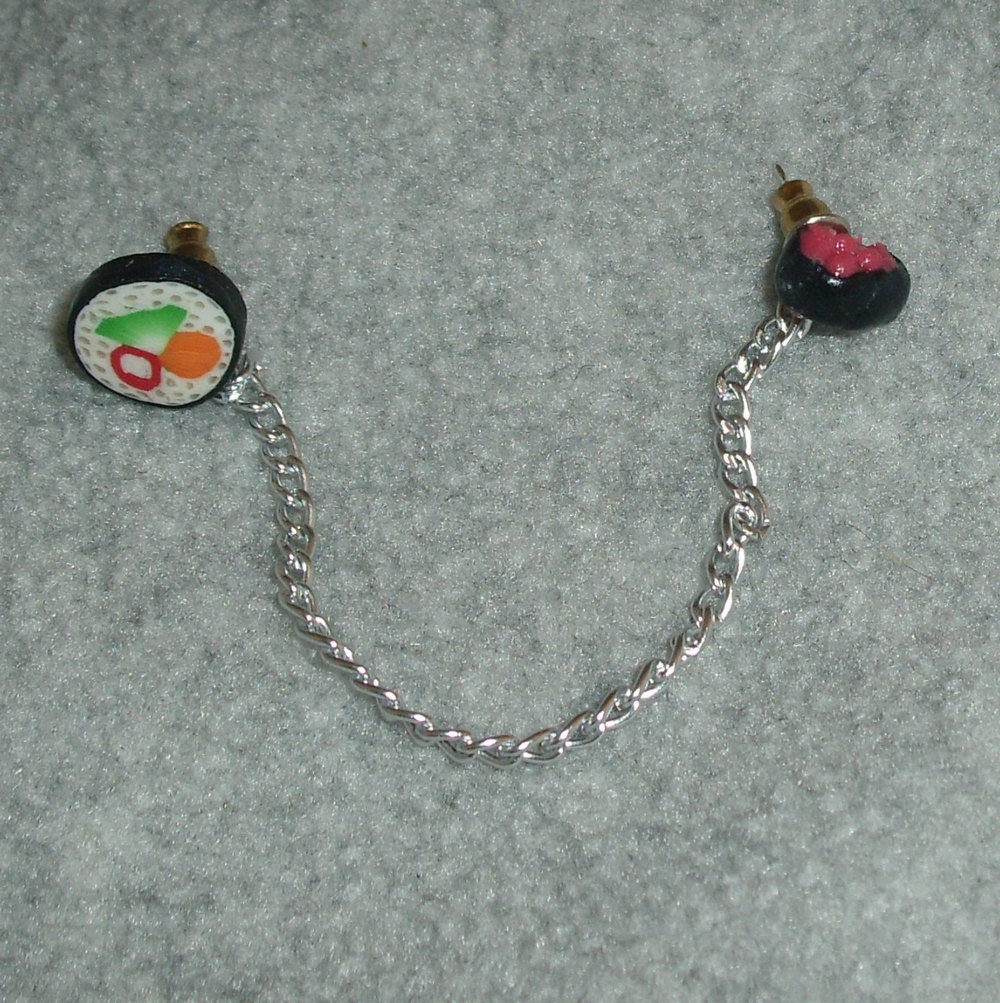 SUSHI themed Double Piercing EARRING, Single Polymer Clay Kawaii, Cartilage, Miniature Ikura eggs, Roll, chain