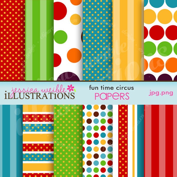 Fun Time Circus Cute Digital Papers for Card Design, Scrapbooking, and Web Design Il_570xn