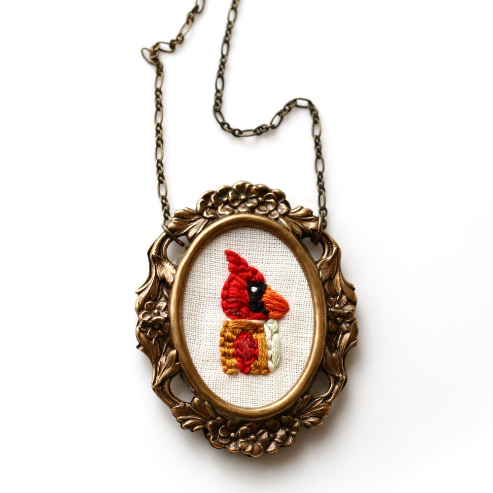 Mr. Cardinal- hand embroidered necklace