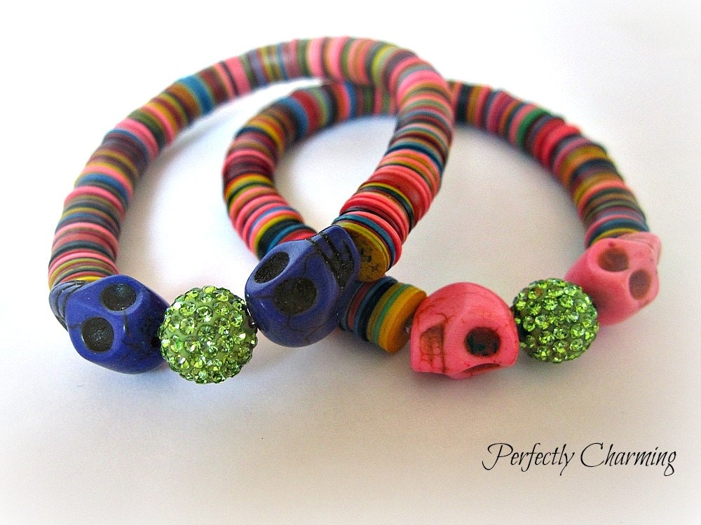 Friendship Bracelet MUTINY African Recycled Vinyl Records and Colorful Skull and Bling Beads