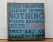 Nothing Worth Sharing Like the LOVE that let US Share Our Name. - Avett Brothers. 16 x 16 inches.