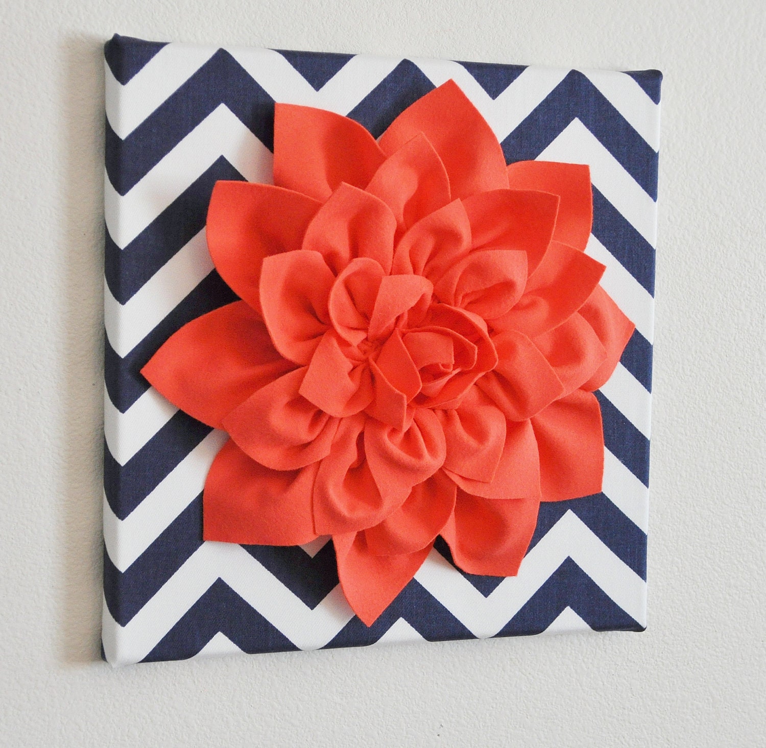Wall Flower -Coral Dahlia on Navy and White Chevron 12 x12" Canvas Wall Art- 3D Felt Flower