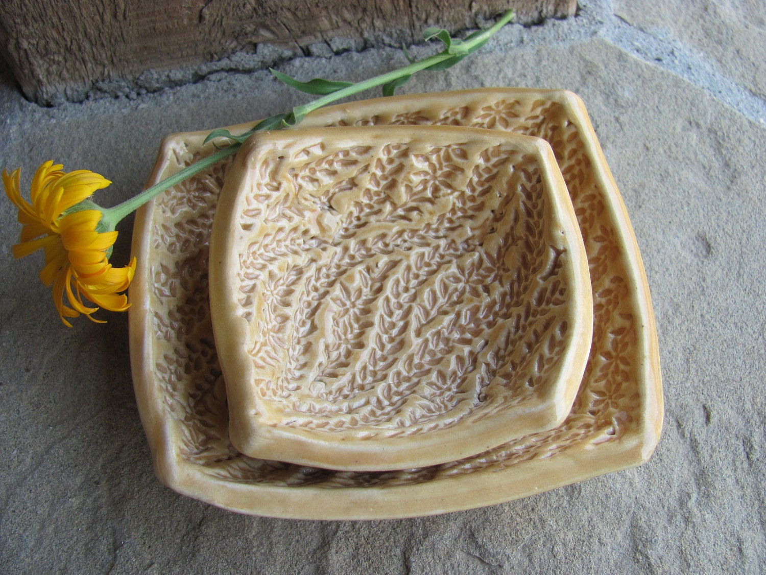 Textured Nesting Dishes Glazed in a Creamy Orange Bath Set of 2, Handmade by Licia Lucas Pfadt