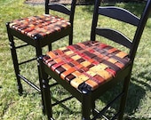 BeltArt Black Bar Stool PAIR with Woven Recycled Leather Belt Seat 30" Tall Chair Browns and Blacks-2 chairs in this design are available