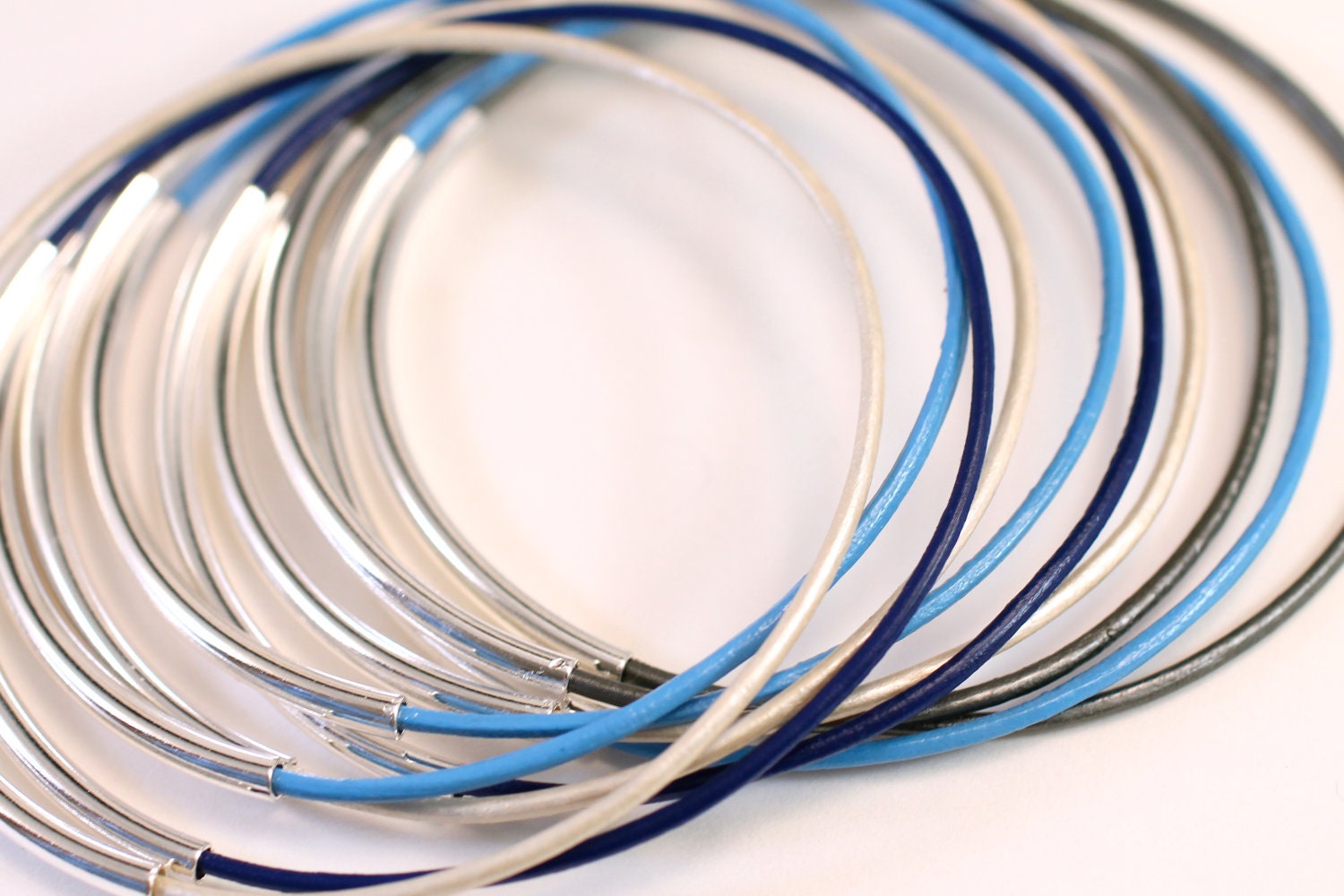 Summer Blues Leather Bangle Bracelets Set of 10 Stacking Bangle Bracelets Amy Fine Design