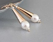 Cone Earrings, Freshwater White Pearl Earrings, Gold Filled Earrings, Holiday Gifts