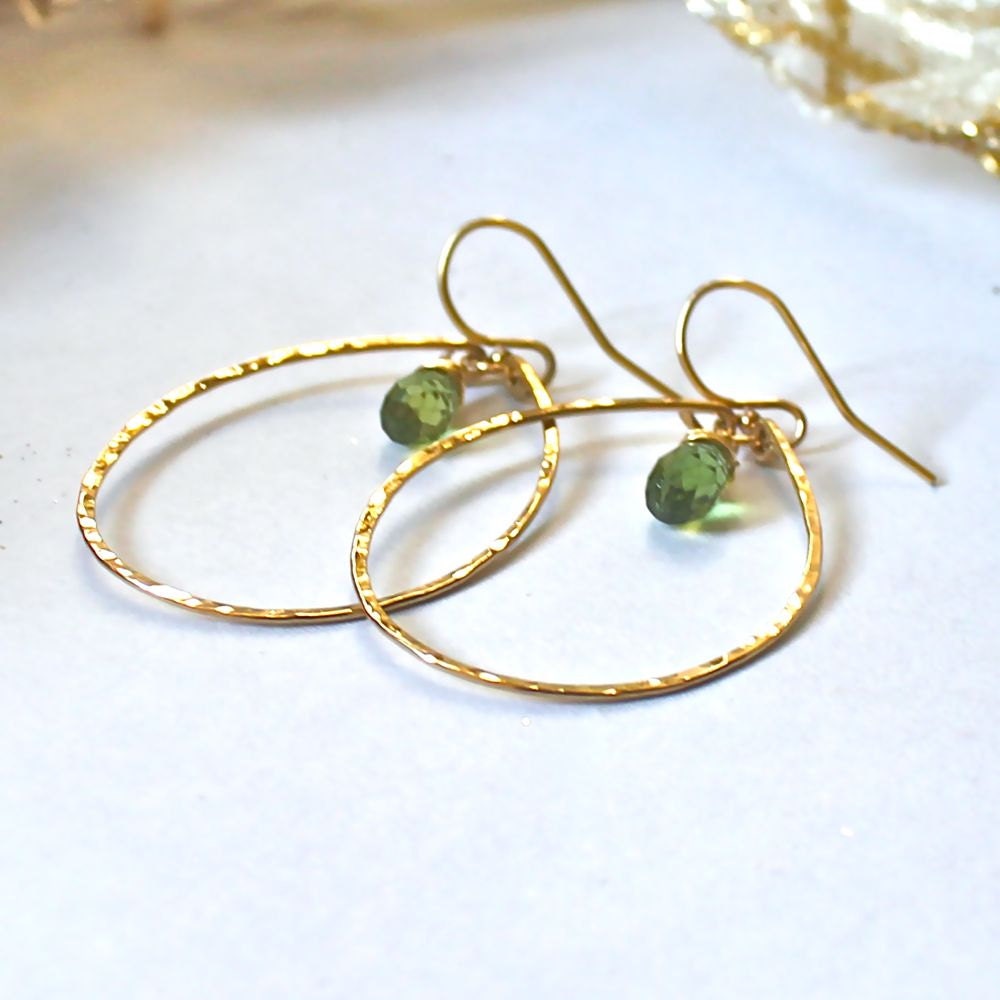 Apatite Droplette Hoops - Handmade Olive Green Apatite and 14K Gold Filled Hoop Earrings