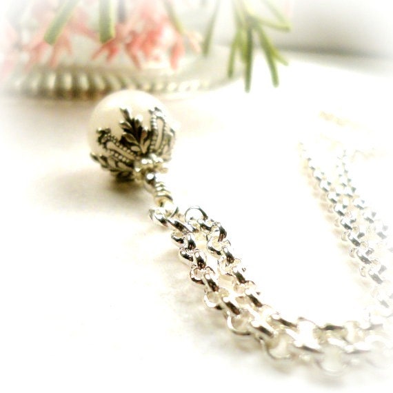 Snow White Necklace Victorian Silver and White Necklace Smooth White Quartz Pendant Necklace Antique Silver Filigree Necklace