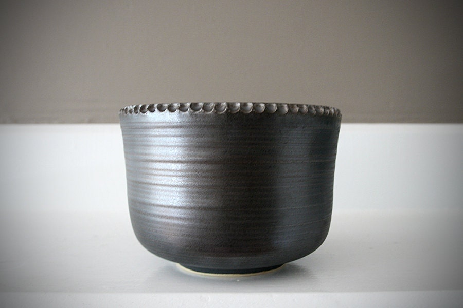 Dark Bronze Silvery Stoneware Vessel with Carved Rim / Hand Thrown and Carved Art Piece / "SPECULARITE"