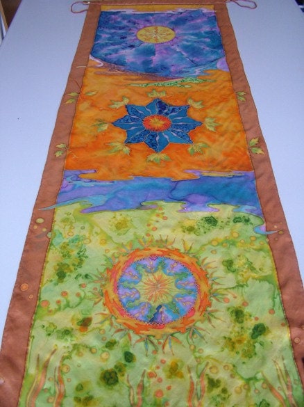 HUGELY REDUCED: Silk Wall Hanging with Triple Motifs Orange Blue Green