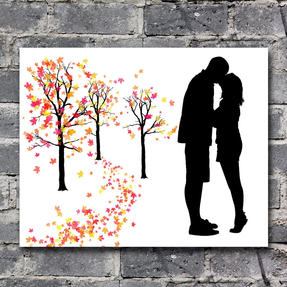 Custom Fall Trees Couple Silhouette 8x10 Custom Family Silhouette Engagement Wedding Portrait Autumn Leaves Background
