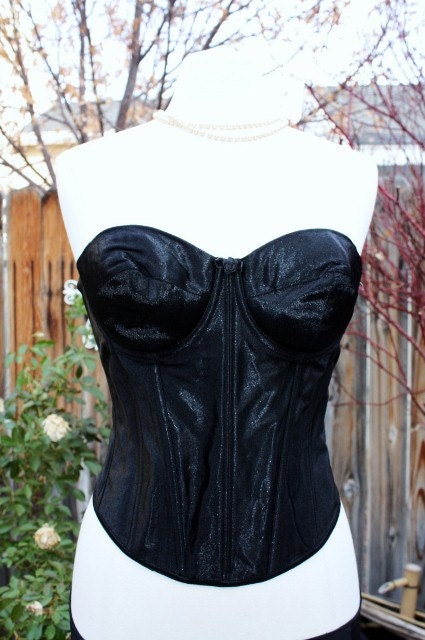 Black Bustier 36C Satin Sheen Fredericks of Hollywood Vintage Retro Rocker Rock-A-Billy Sexy Gothic Steampunk Strapless Long Line