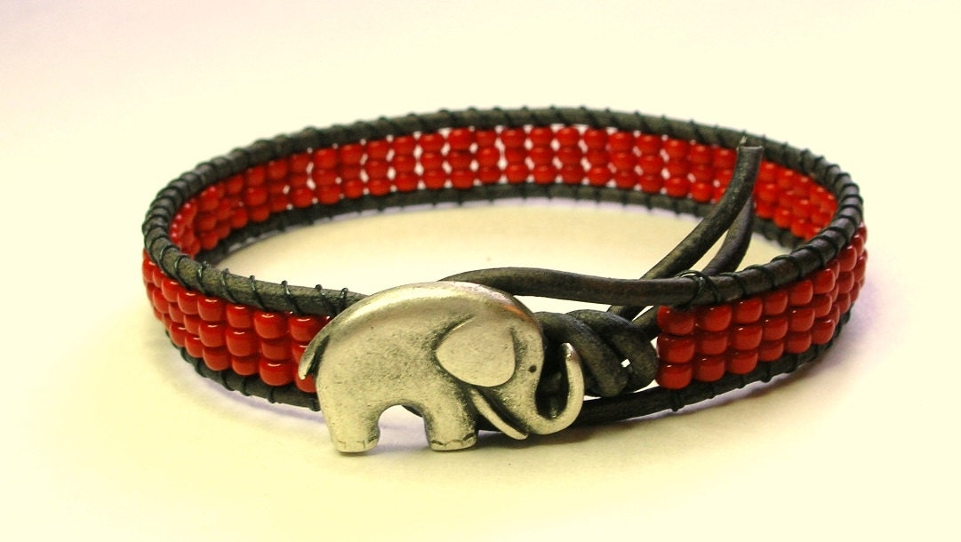 Red elephant bracelet - Lucky Girl -  Bohemian jewelry, leather wrap, friendship bracelet, good luck charm, boho chic