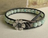 Amazonite leather wrap bracelet - Bohemian Romance - boho chic, stones, robins egg blue, chic, pewter flower, cottage chic, feminine