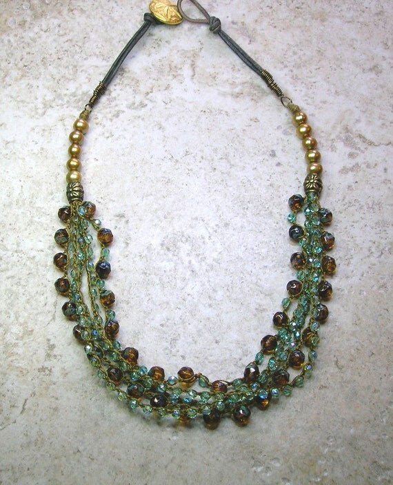 Bohemian statement necklace - Neptunes Daughter - crochet jewelry, crochet necklace, sea, ocean, leather and pearls, amber, aqua, topaz