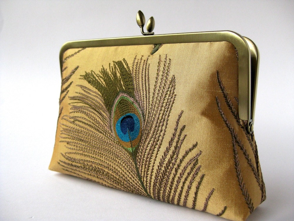 Gold Peacock Embroidered Silk Clutch ,Bridal clutch, Evening purse, Bridesmaid clutch, Wedding clutch by Bag Noir