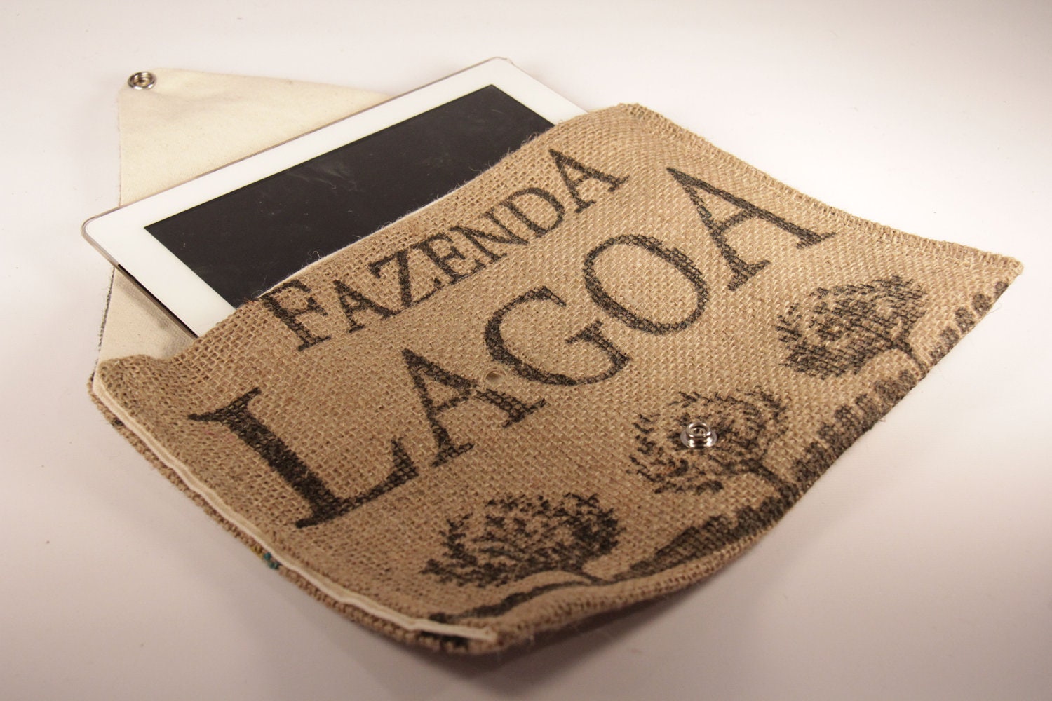 Recycled Burlap Coffee Sack Clutch/ Ipad Case - Brazil Print