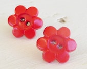 Red Flower Studs on Titanium Posts for Sensitive Ears, Nickel Free Earrings for Girls, Hypoallergenic Kids Earrings - Cute as a Button