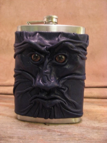 Grichels leather and stainless steel 12oz flask - textured dark blue with brown bear eyes