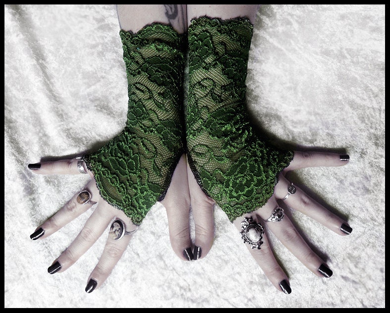 Arwen Lace Fingerless Gloves - Deep Fern Army Green Floral - Gothic Vampire Lolita Wedding Fetish Dark Tribal Goth Gypsy Moss Olive Hunter