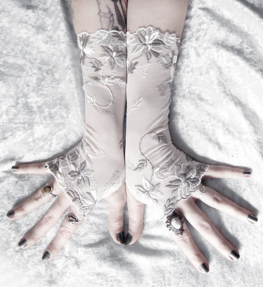 Savanna Long Lace Fingerless Gloves - Pale Ivory & Grey Taupe Embroidered Floral - Wedding Gothic Fetish Bellydance Burlesque Goth Bridal