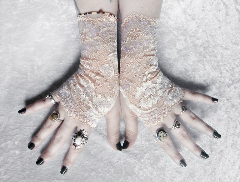 Conceit Lace Fingerless Gloves - Pale Nude Peach Cream Lavender Ivory Floral - Wedding Gothic Regency Pastel Goth Bridal Fetish Bridesmaid