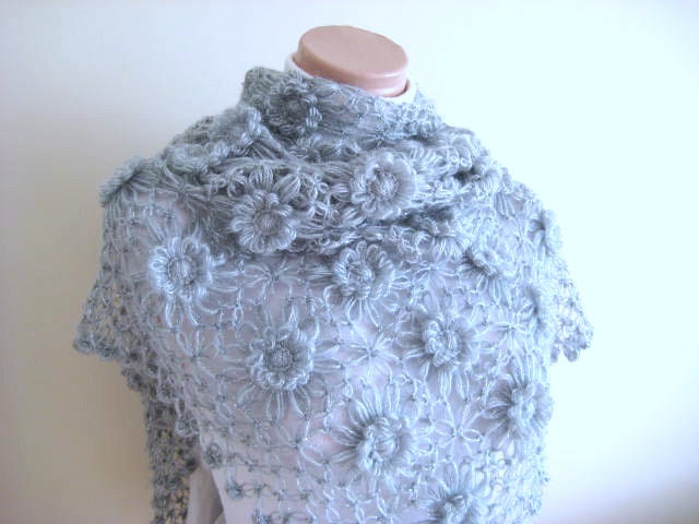 Gray Daisy Shawl - Shiny Light Grey Flowers Triangle - Gift for Her - Ready to Ship