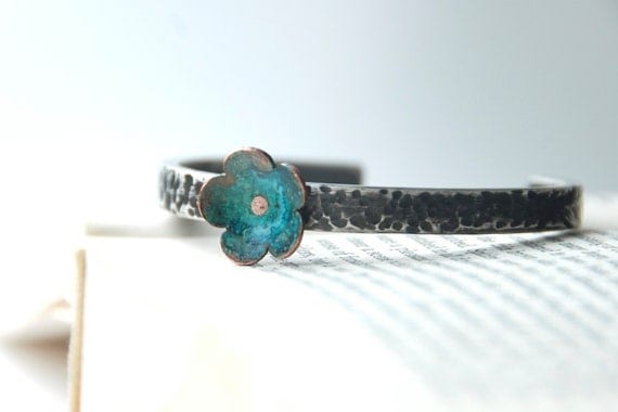 Forget Me Not Flower Bracelet Sterling Silver Cuff With Copper Forget Me Not Flower