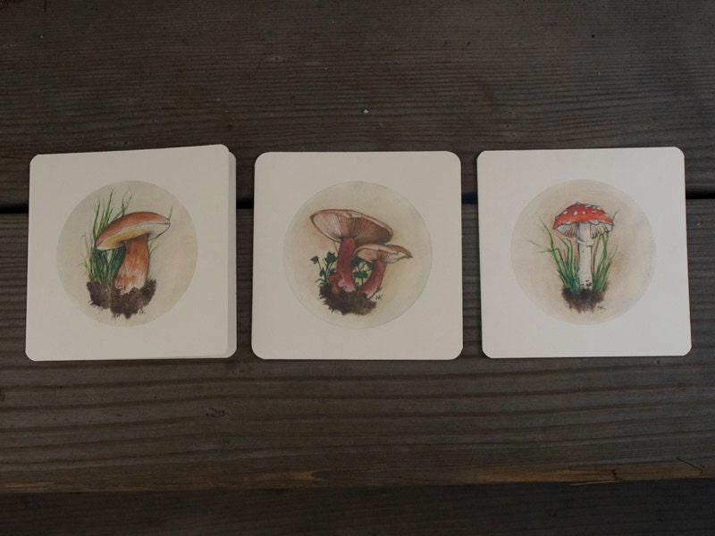 Watercolor Mushroom Cards, set of 3 with envelopes