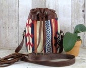 Leather Bucket Bag, Brown Leather Kilim Purse, Tribal Bag, Cross Body Fringe Bag