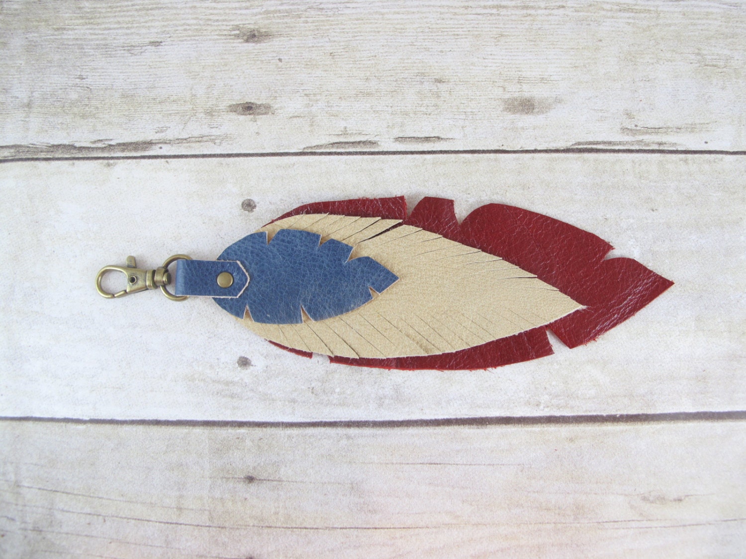 Leather Feather Bag Charm or Key Fob Red, White, Blue Fourth Of July
