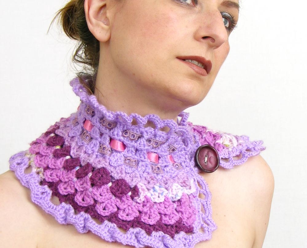 crochet capelet cowl neck warmer scarflette purple pink blend women vegan romantic whimsical victorian tagt team curationnation