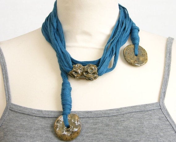 Skinny scarf lariat fiber necklace scarf necklace cotton ceramic long blue vegan ooak ceramic beads curationnation