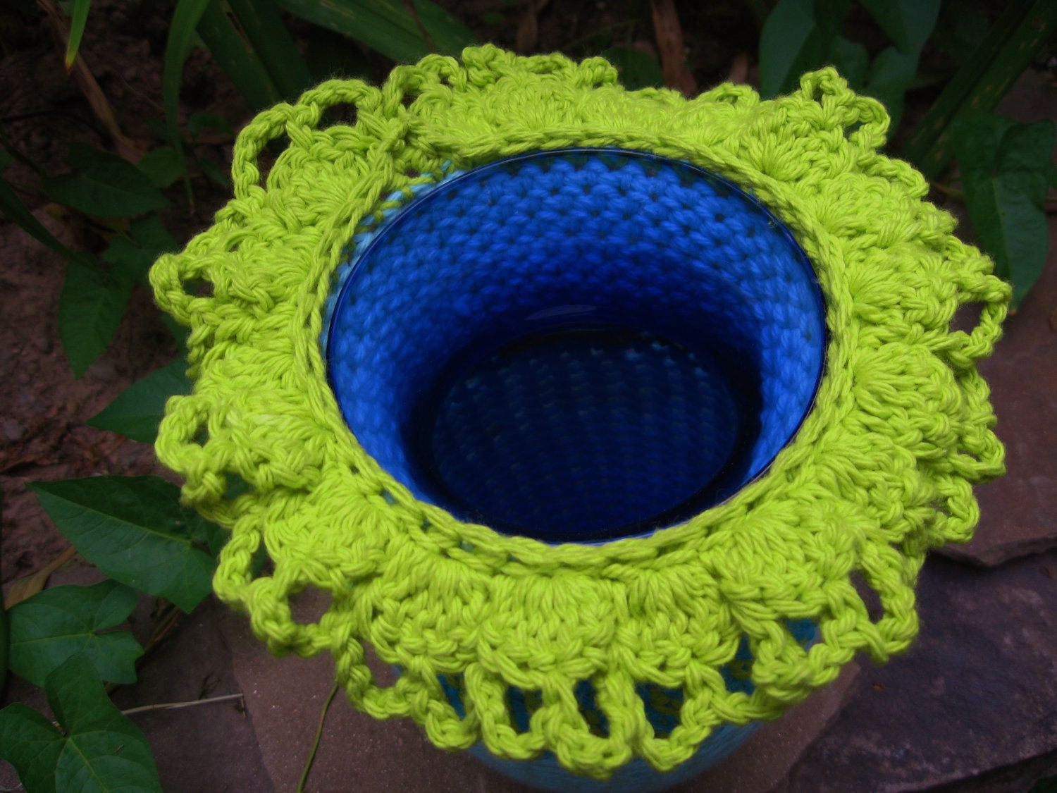 Hand Crocheted Cotton Scalloped Edged Table Lantern with Recycled Glass Vase