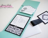 Deluxe Damask Wedding Invitation Suite in Tiffany Blue and Black