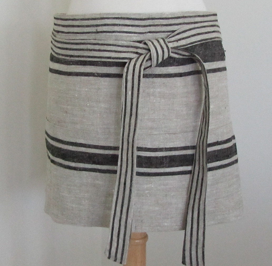 Half Apron Lithuanian Linen Black Striped Flax Natural Custom