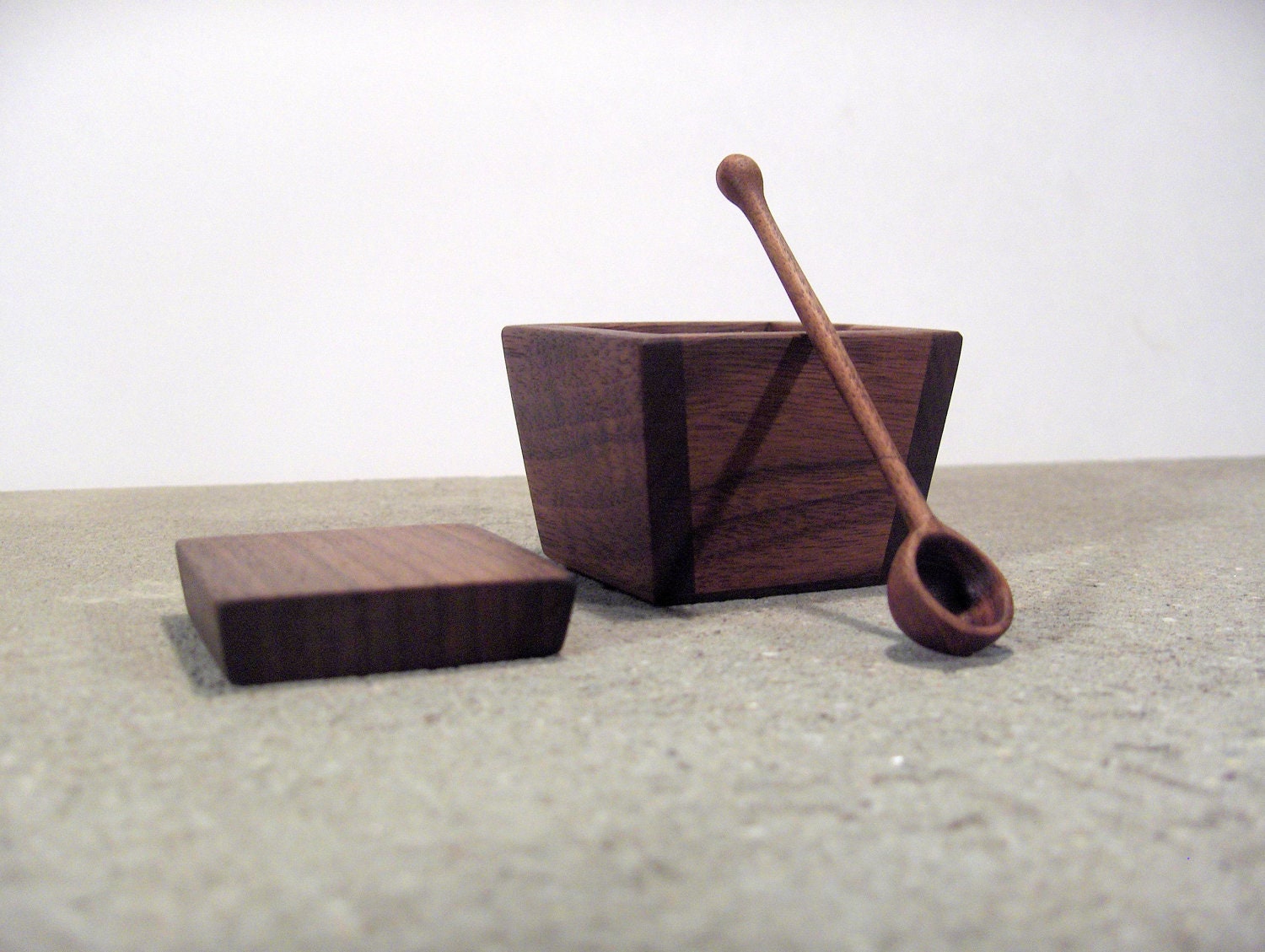 salt cellar - walnut salt cellar with wooden spoon