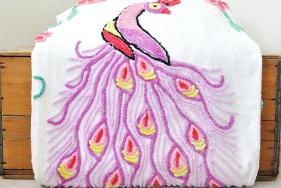 Vintage Peacock Chenille Bedspread 73 x 94