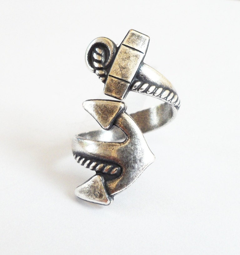 NEW Steampunk Anchor Ring- Mariners Cross- Bypass Ring- Unisex- Adjustable- Sterling Silver Finish