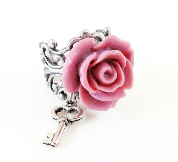 Pink Rose Skeleton Key Ring- Antique Silver- Adjustable Ring