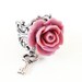 Pink Rose Skeleton Key Ring- Antique Silver- Adjustable Ring