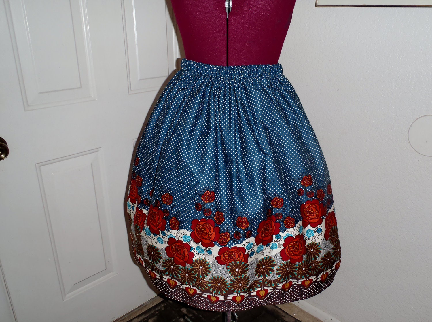 Flower and polka dots knee length cotton lolita skirt