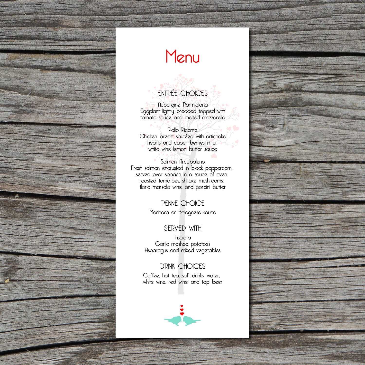 Wedding Menu, DIY, Heart Tree, Printable, Digital File by ticklemeink on Etsy