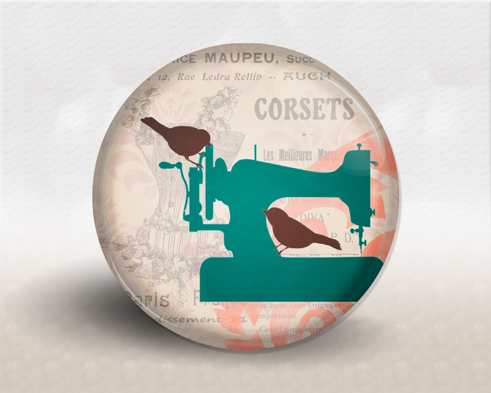 Pocket Mirror, Bridal Wedding Favor, Shabby French Sewing Machine and Birds, Teal Coral and Tan