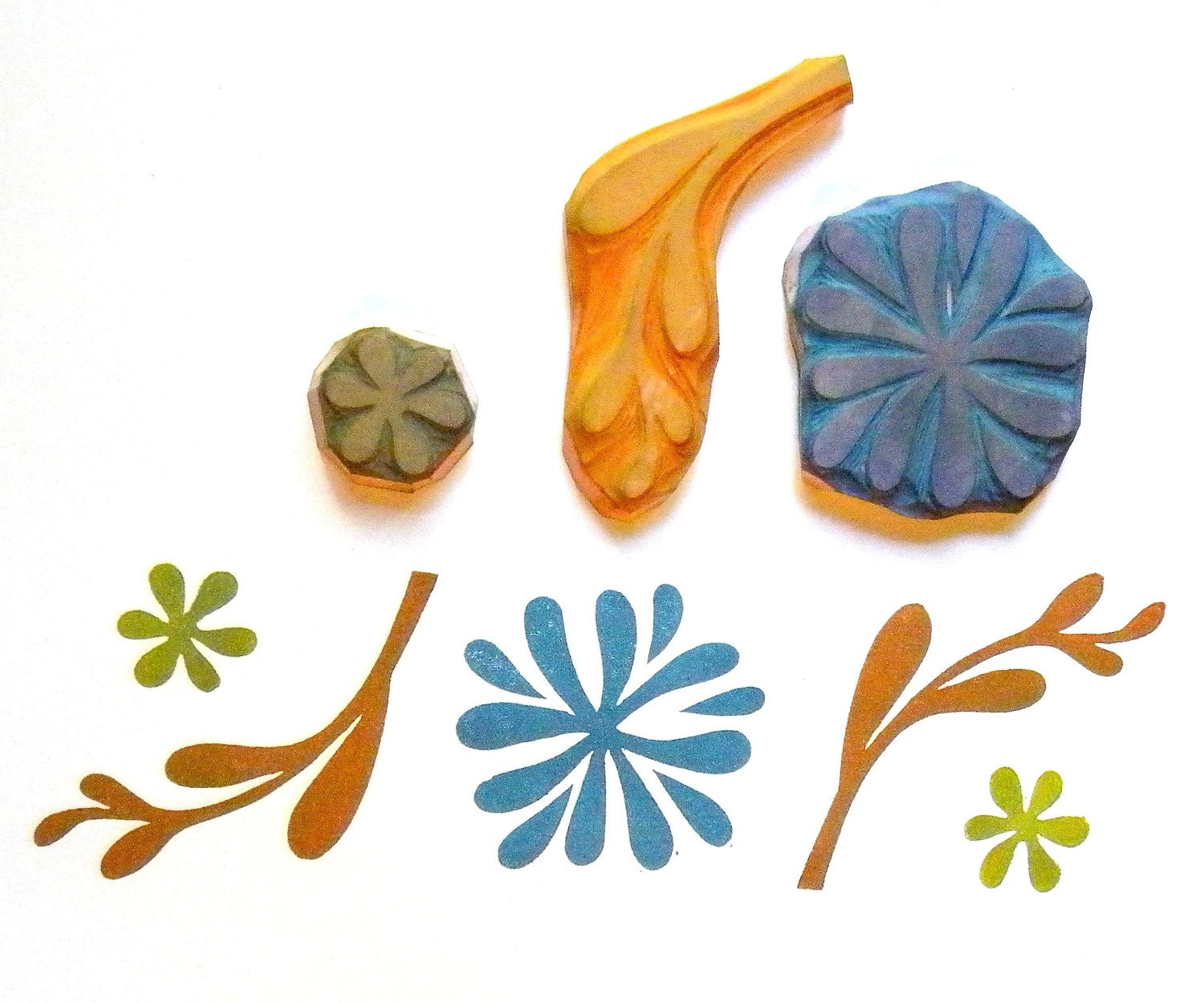 Set of 3 rubber stamps hand carved floral folk art