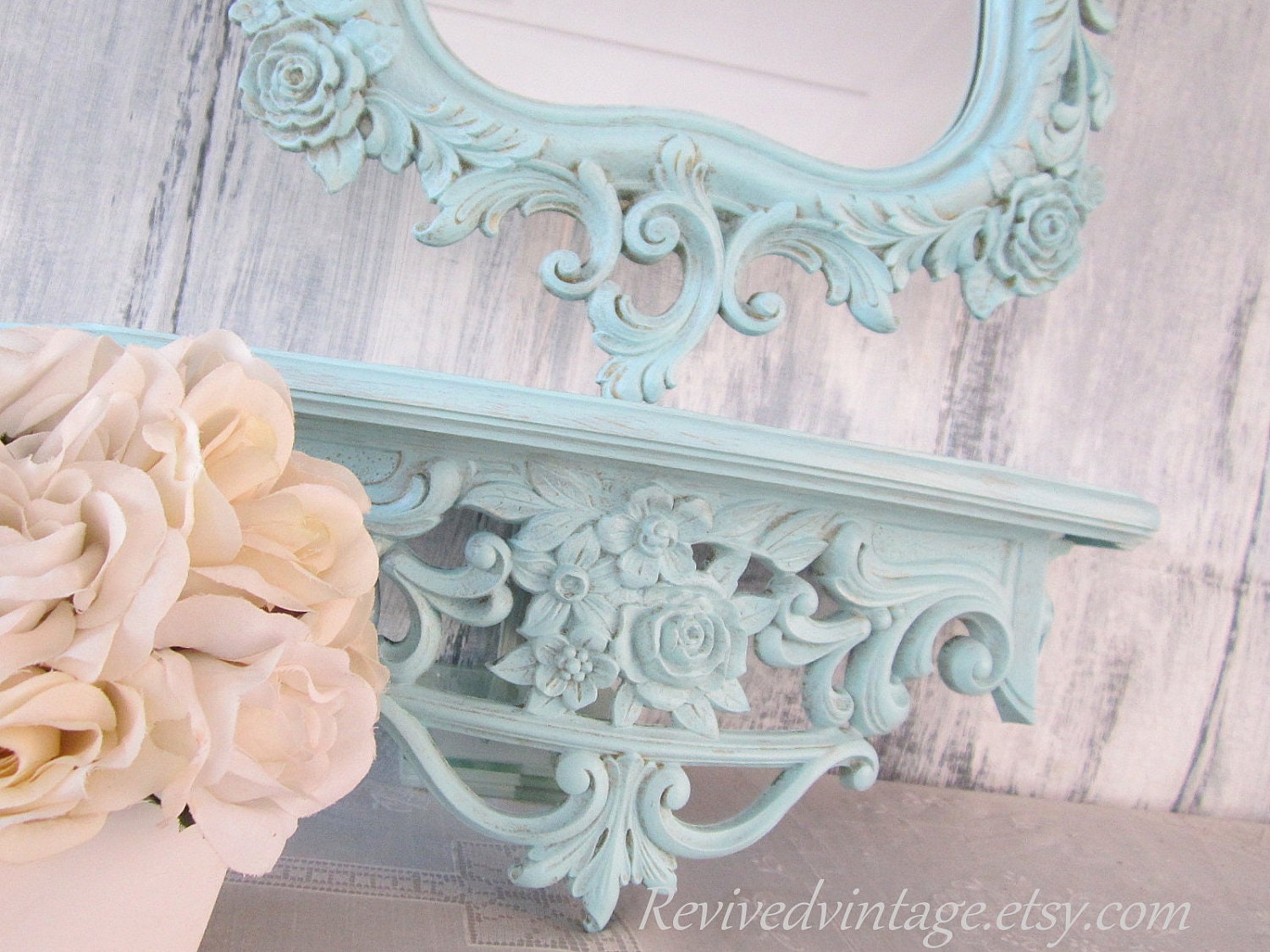 Shabby Chic Mirror For Sale FRENCH COUNTRY Home MIRROR For Sale Vintage Framed 29"x19" Teal Blue Ornate Baroque Mirror Decorative