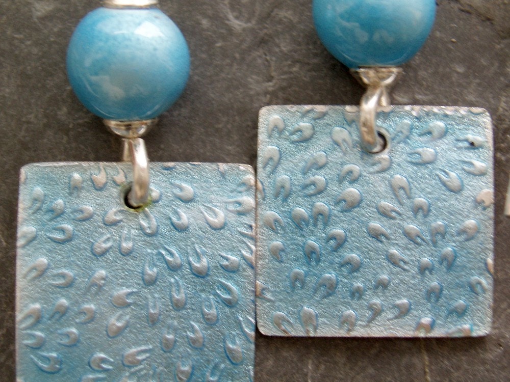 Enamel earrings in silver and pale blue enamel, square dangle, enamel bead