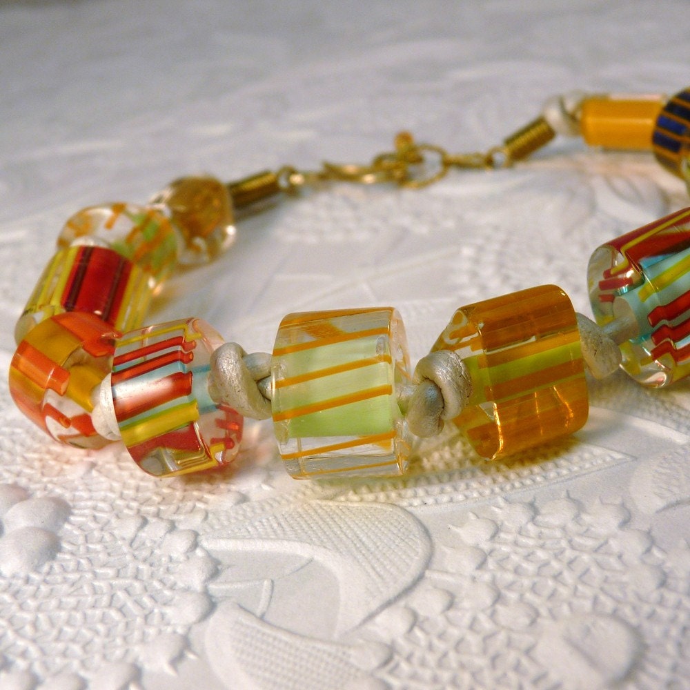 Summer Color Never Ends Cane Glass Beads Leather Handmade Bracelet