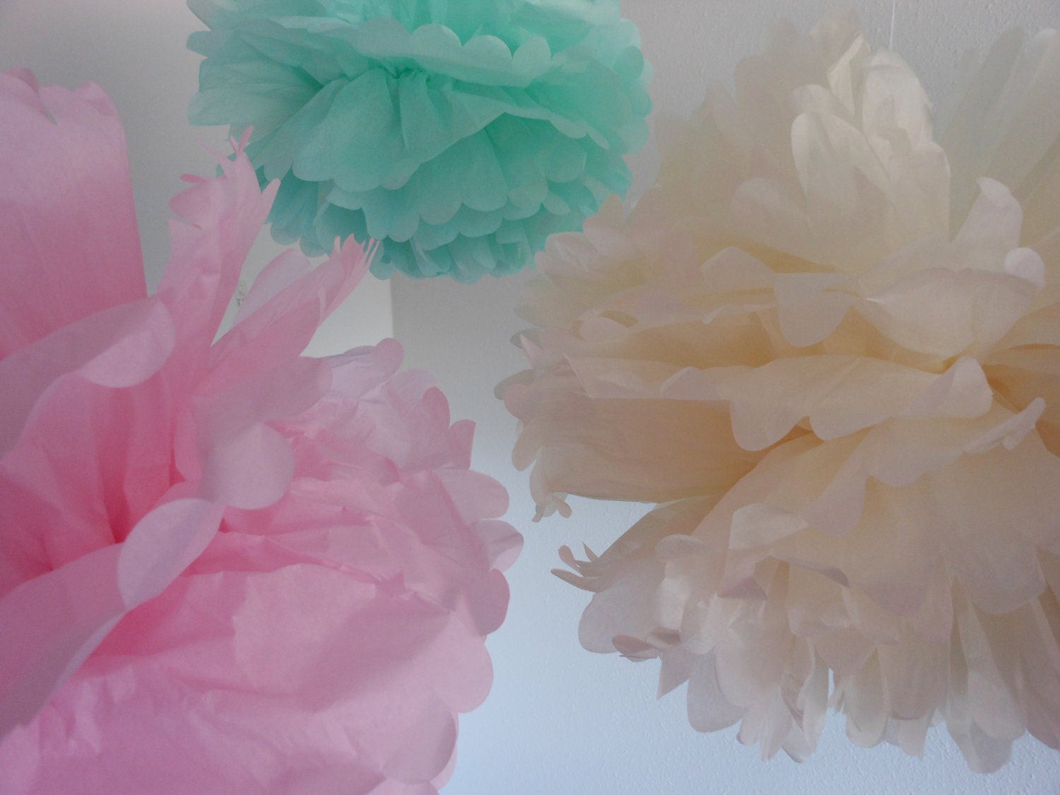 Tissue Poms- Pretty Pastels...(5) Light Pink, Sea Foam and Vanilla Cream..Large 12" Il_570xn